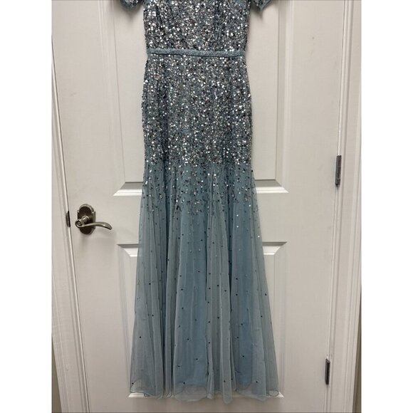 MAC DUGGAL Size 2 Slate Blue HIGH NECK SHORT SLEEVE SEQUIN EMBELLISHED DRESS - Picture 6 of 10